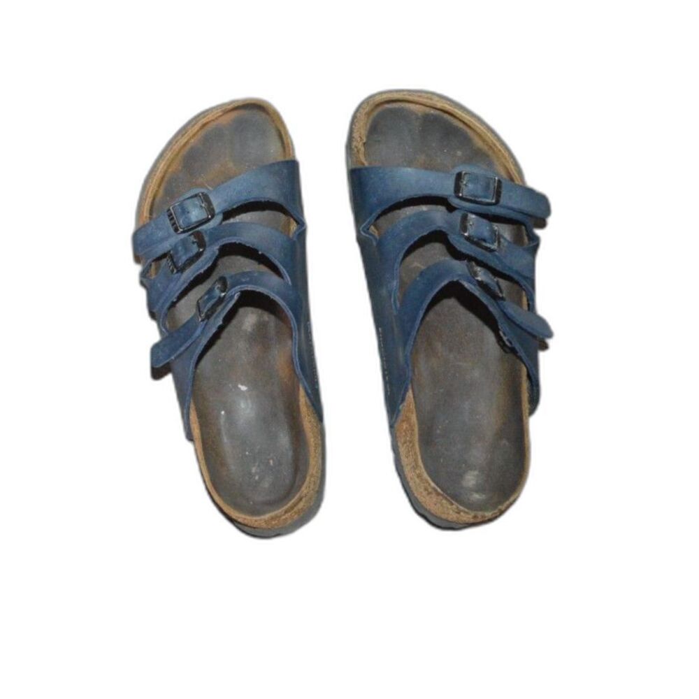 Birkenstock Sandals Womens 8 Florida Three Strap Adult 40 Navy Blue Cork Beach